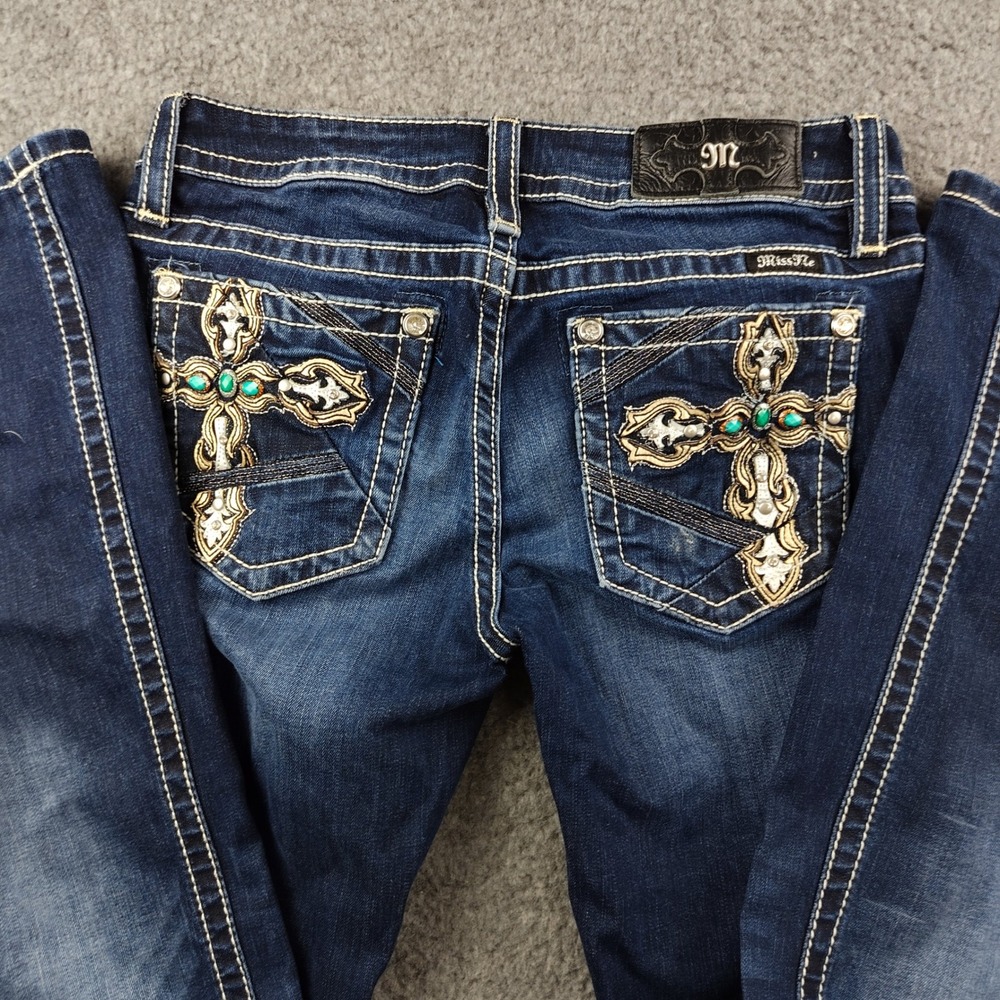 Miss Me Chloe Bootcut Jeans Low Rise Cross Embroider Turquoise Studs Sz 28 Y2K